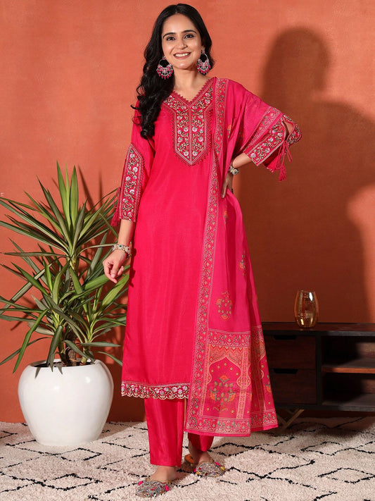 Dhiyona SN Women's Embroidered Straight Kurta With Trouser & Dupatta