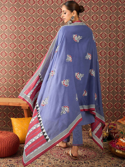 Women Solid Cotton A-Line Kurta with Trousers & Dupatta