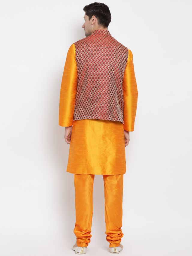 Men's Orange Silk Blend Straight Jacket  Kurta and Pyjama Set