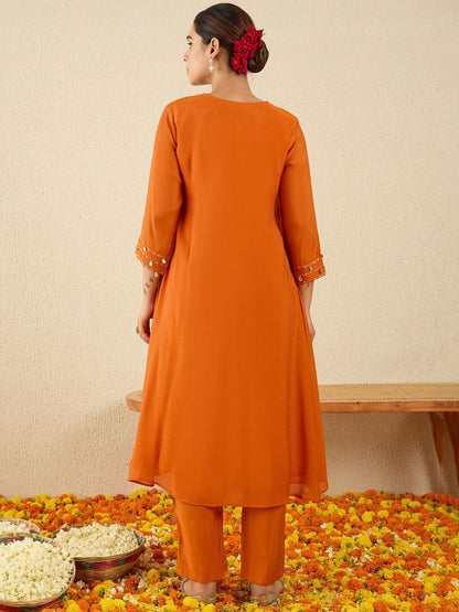 Dhiyona IE Floral Embroidered Round Neck A-Line Tunic With Trousers