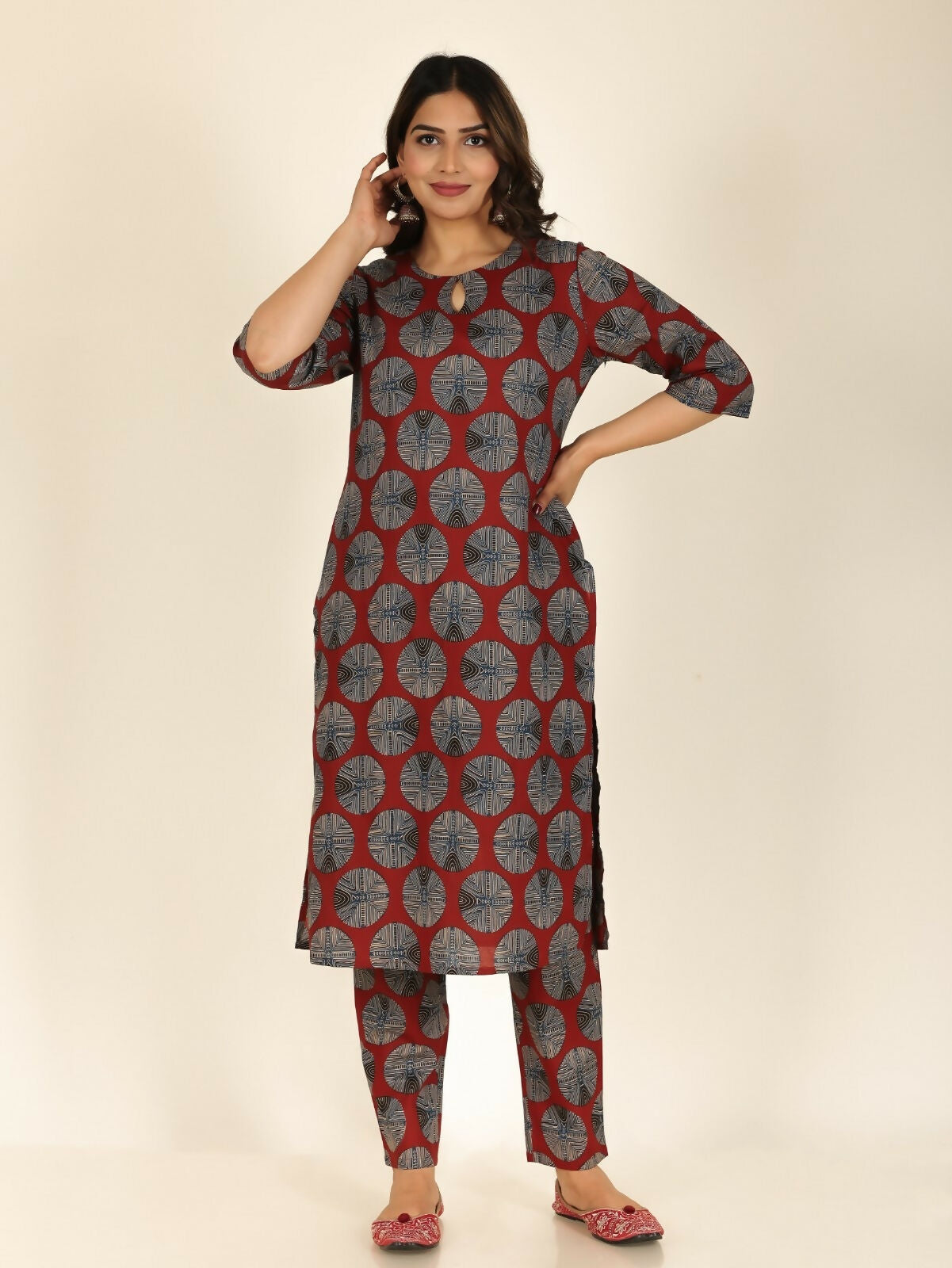 Women's Red Soft Cotton Abstract Print Straight Kurta Palazzo Set for Women