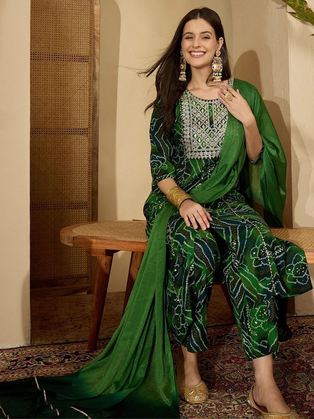 Dhiyona SN Women's Bandhani Printed Round Neck Sequinned A-Line Kurta And Trousers With Dupatta