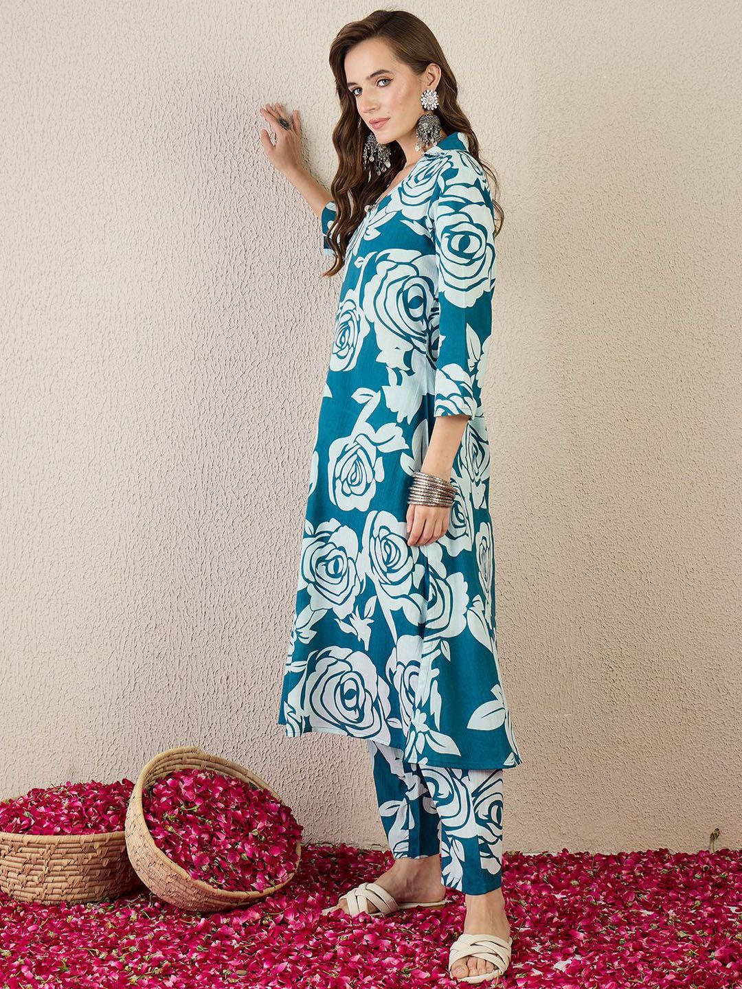 Women Floral Printed Cotton Kurta with Trousers