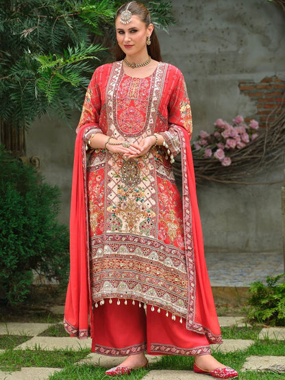 Ethnic Motifs Printed Mirror Work Pure Silk A-Line Kurta & Palazzos With Dupatta