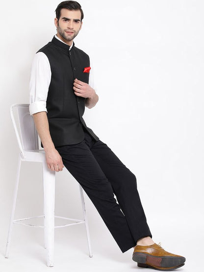Men's Black Cotton Silk Straight Nehru Jacket