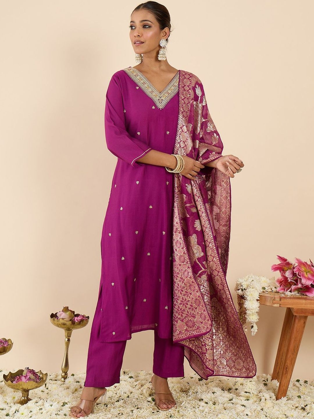 Yoke Design Thread Work Kurta With Palazzos