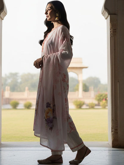 Floral Printed Linen Kurta With Trousers & Dupatta