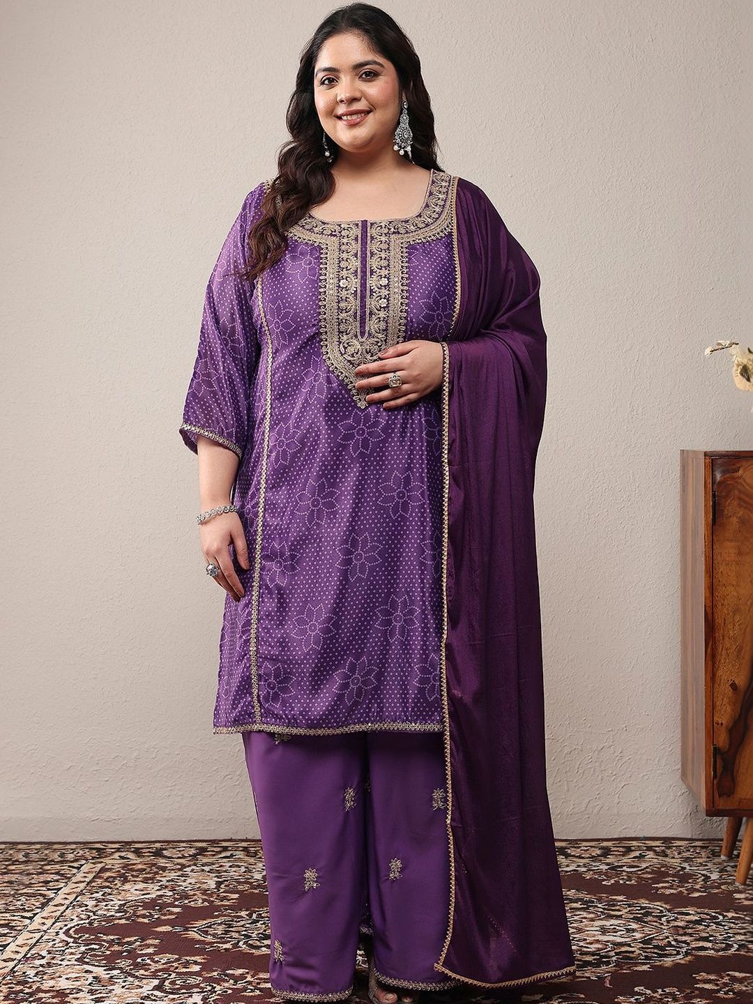 Dhiyona Women's Plus Size Ethnic Motifs Printed Kurta with Palazzos & With Dupatta