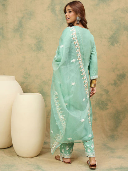 Dhiyona VA Women's Ethnic Motifs Embroidered Round Neck Straight Kurta with Trousers & Dupatta