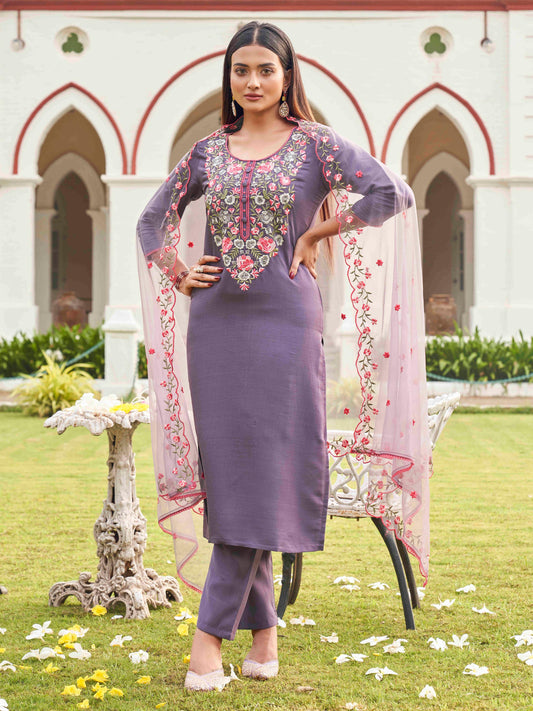 Dhiyona TI Women's Purple Floral Embroidery Work Kurta with Pant & Dupatta