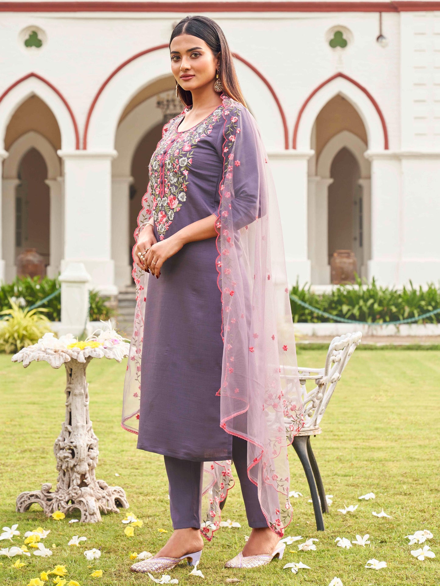 Dhiyona TI Women's Purple Floral Embroidery Work Kurta with Pant & Dupatta