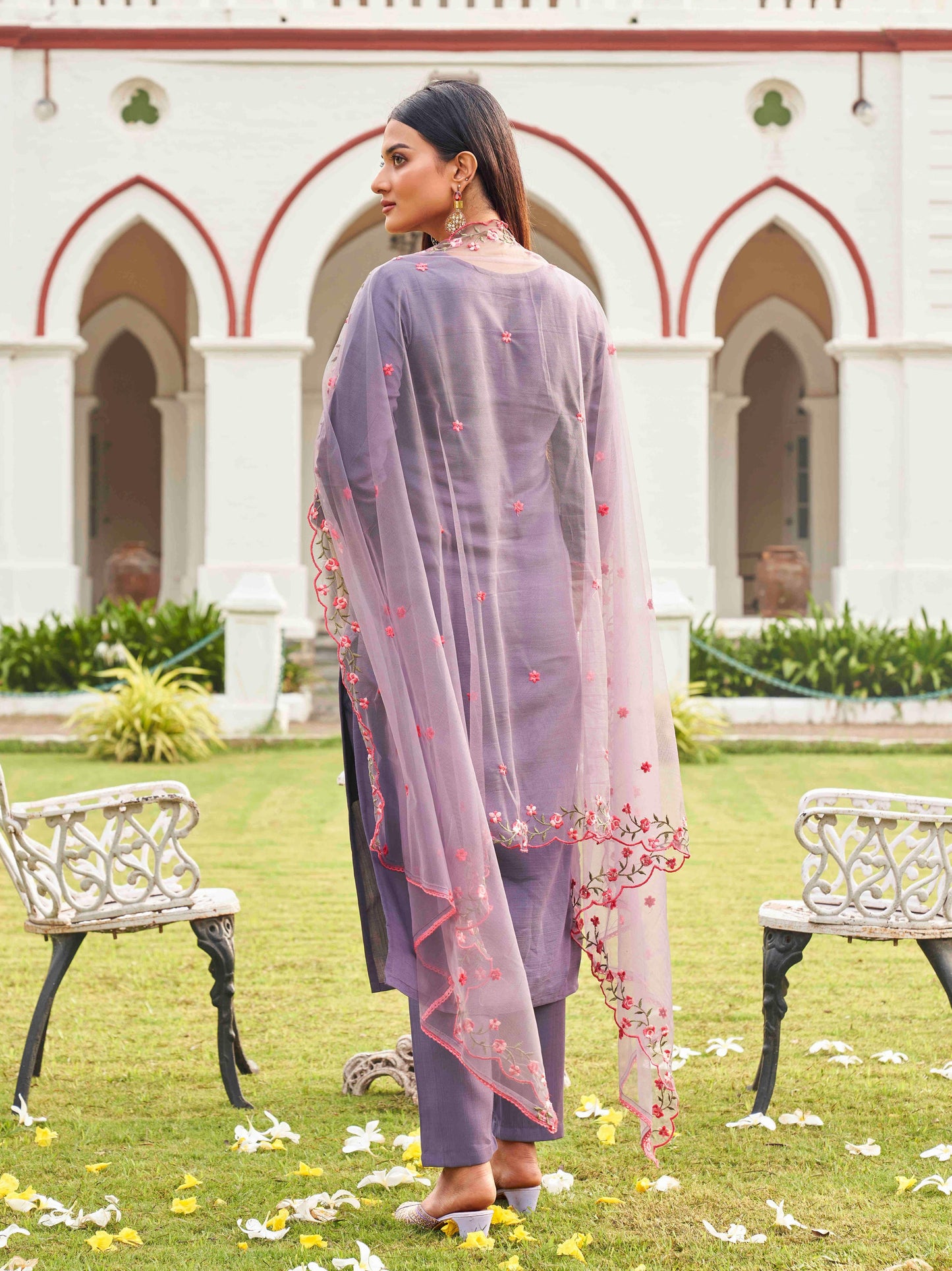 Dhiyona TI Women's Purple Floral Embroidery Work Kurta with Pant & Dupatta