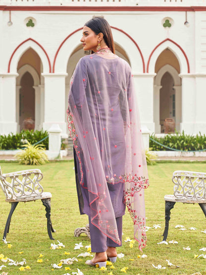Dhiyona TI Women's Purple Floral Embroidery Work Kurta with Pant & Dupatta