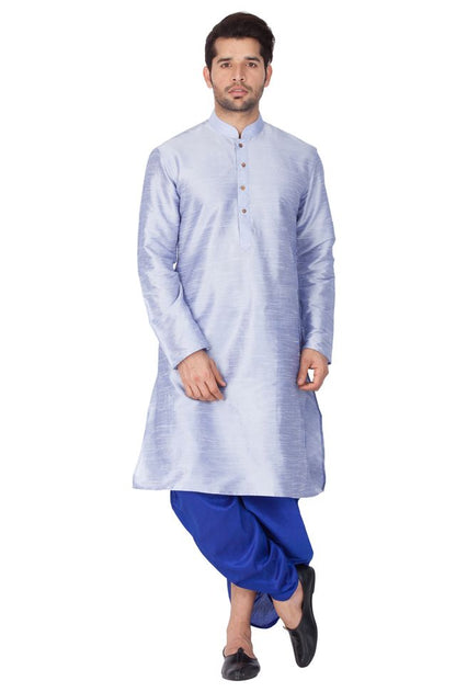 Men's Bluish White Silk Blend Straight Kurta and Dhoti Set
