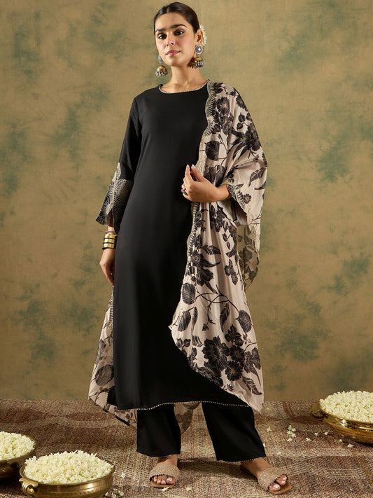 Dhiyona IE Round Neck Straight Kurta With Trousers & Dupatta