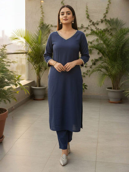 Women V-Neck Straight Kurta with Trouser