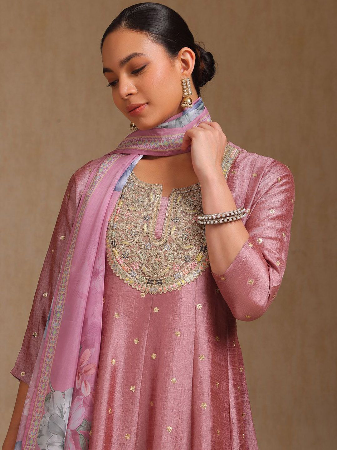 Dhiyona SO Women's Ethnic Motifs Woven Design Zardozi Round Neck Anarkali Kurta With Trousers & Dupatta