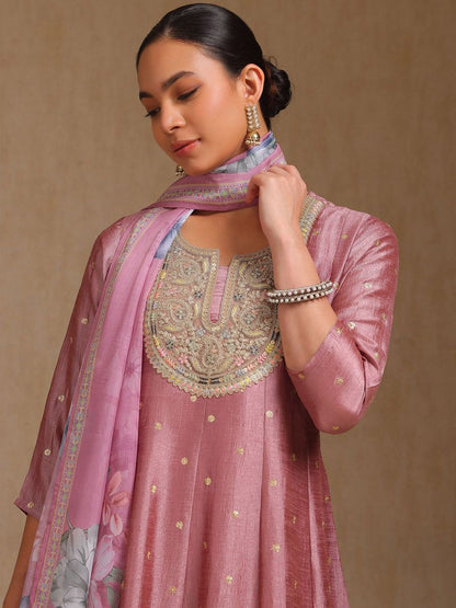 Dhiyona SO Women's Ethnic Motifs Woven Design Zardozi Round Neck Anarkali Kurta With Trousers & Dupatta