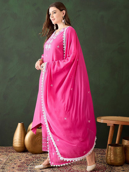 Dhiyona SN Women's Pink Floral Embroidered V-Neck A-Line Kurta & Trousers With Dupatta