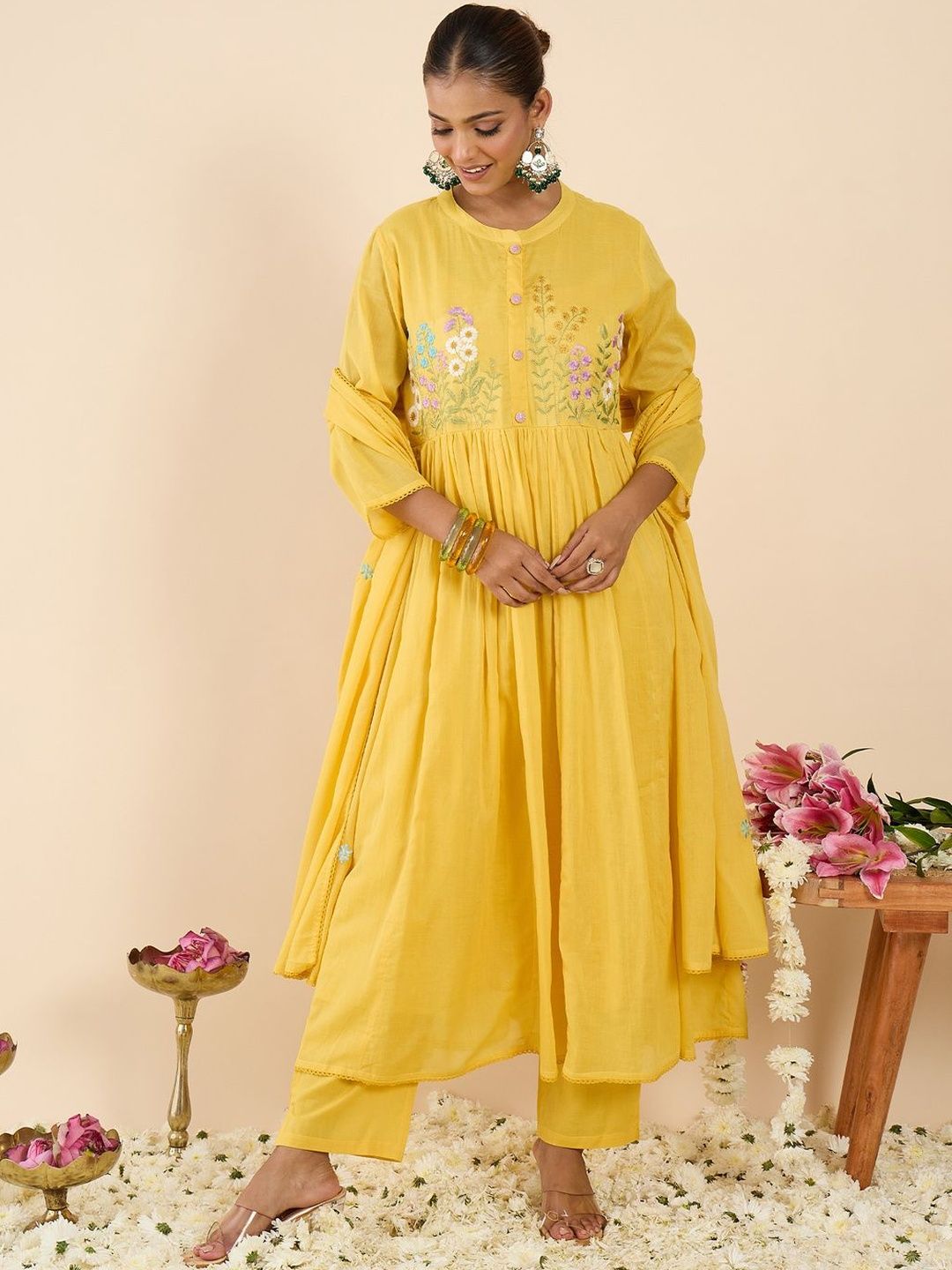 Floral Embroidered Pleated Pure Cotton Straight Kurta With Trousers & Dupatta