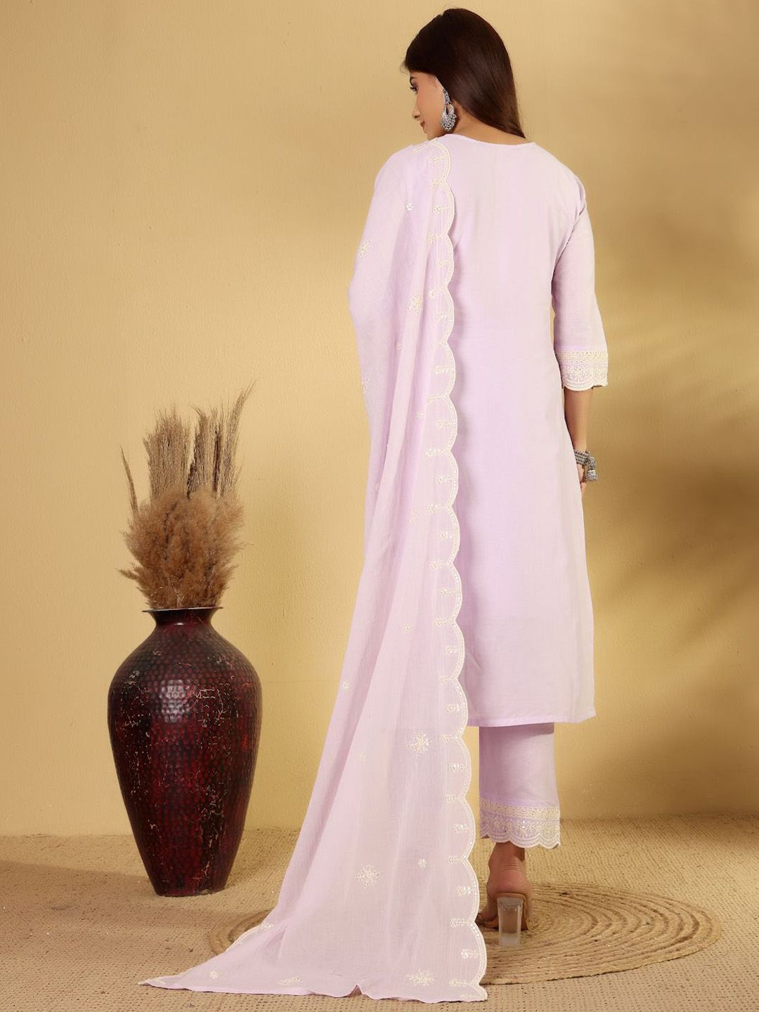 Dhiyona PD Women Floral Embroidered Pure Cotton Straight Kurta With Trousers And Dupatta