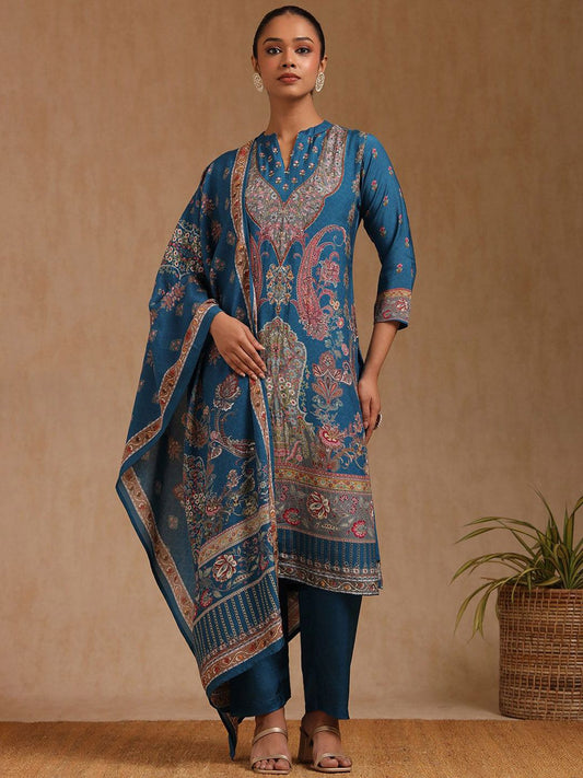 Dhiyona SO Women's Floral Printed Beads and Stones Straight Kurta with Trouser & Dupatta