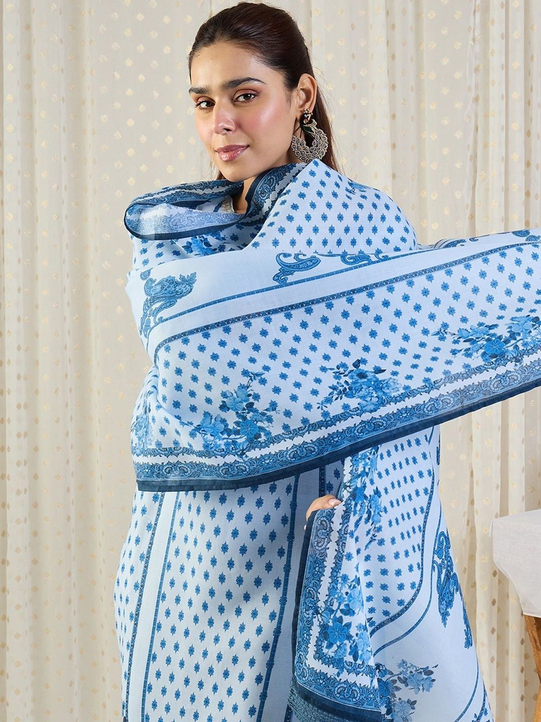 Ethnic Motifs Printed Notch Neck Thread Work Pure Cotton Kurta Trousers & Dupatta