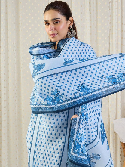 Ethnic Motifs Printed Notch Neck Thread Work Pure Cotton Kurta Trousers & Dupatta