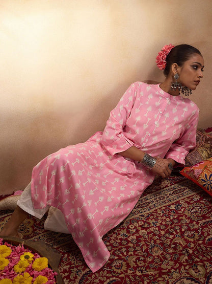 Dhiyona IE Pink and White Mandarin Collar Geometric Printed Straight Kurta