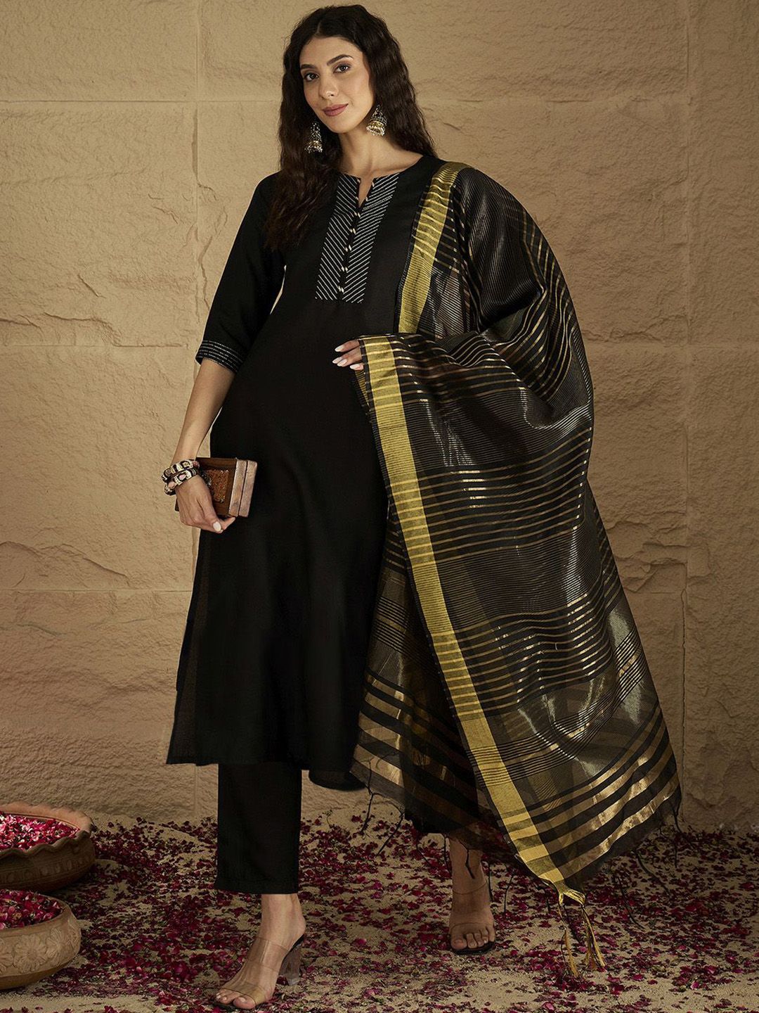 Dhiyona VA Women's Striped Self Design Kurta with Trouser & Dupatta