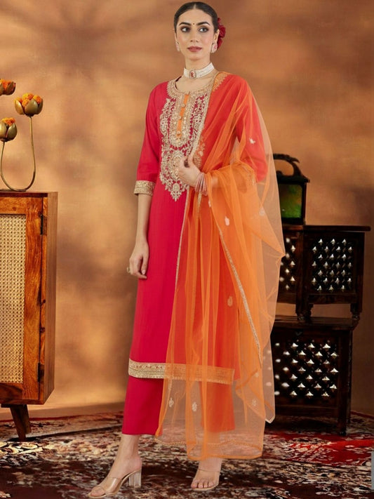 Women Ethnic Motifs Embroidered Regular Kurta with Trousers & With Dupatta