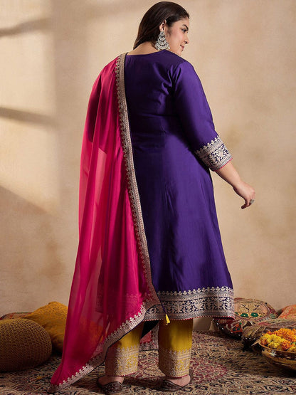 Dhiyona IN Women Floral Yoke Design Regular Thread Work Kurta with Trousers & With Dupatta