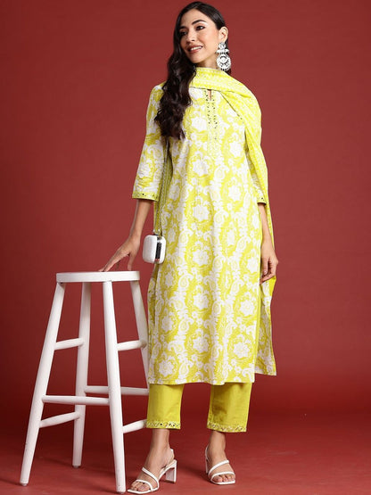 Floral Printed Mirror Work Pure Cotton Kurta With Trouser And Dupatta
