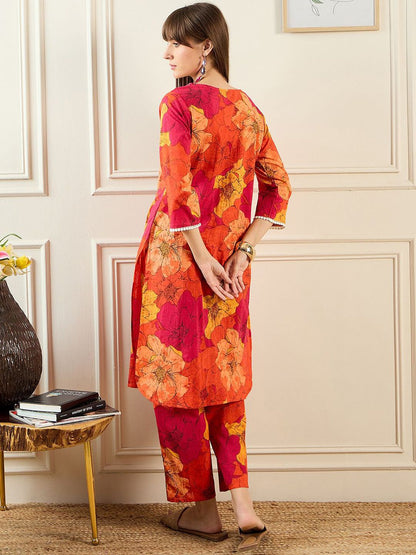 Floral Printed V-Neck Pure Cotton Straight Kurta With Trousers