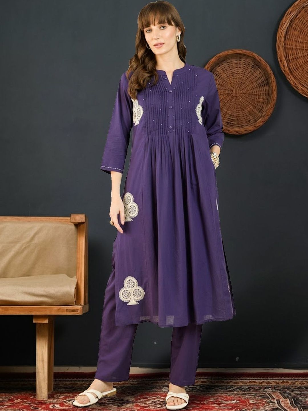 Dhiyona IE Women Ethnic Motifs Embroidered Pleated Thread Work Pure Cotton Kurta with Trousers