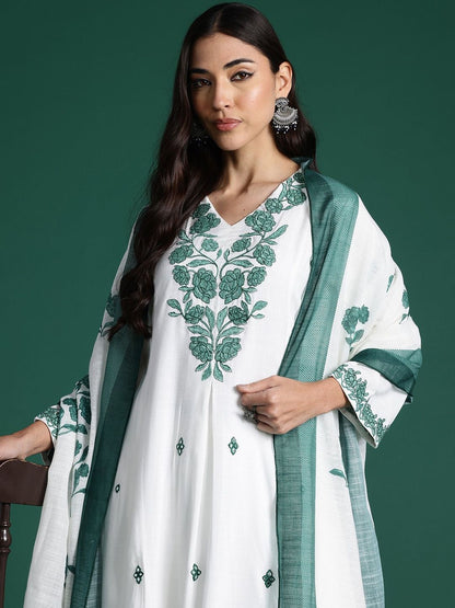 Women Floral Embroidered Regular Pure Cotton Kurta With Trousers & Dupatta