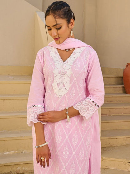Women Ethnic Motifs Embroidered Regular Thread Work Pure Cotton Kurta with Trousers & With Dupatta