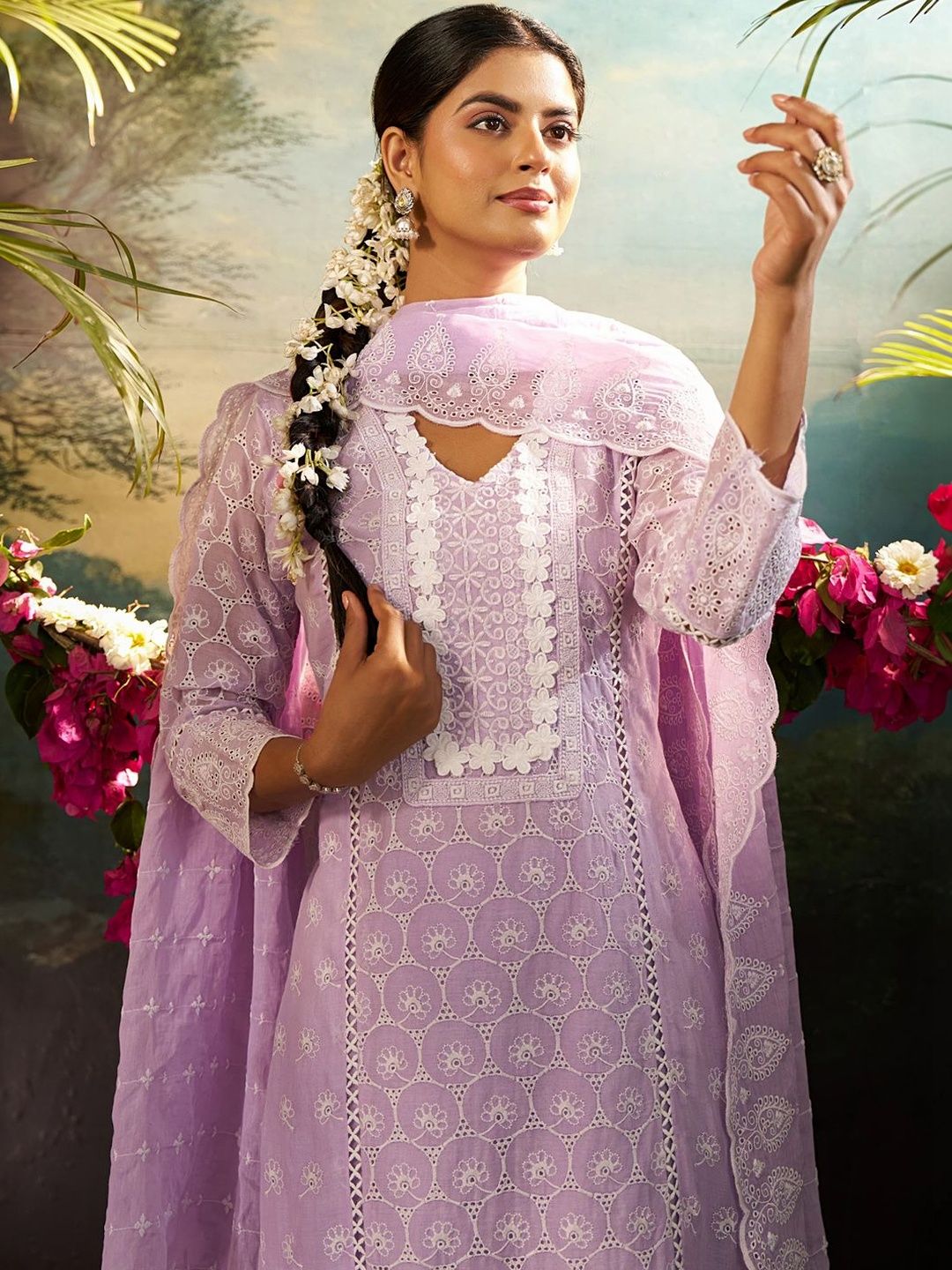 Women Ethnic Motifs Embroidered Regular Chikankari Pure Cotton Kurta with Trousers & With Dupatta