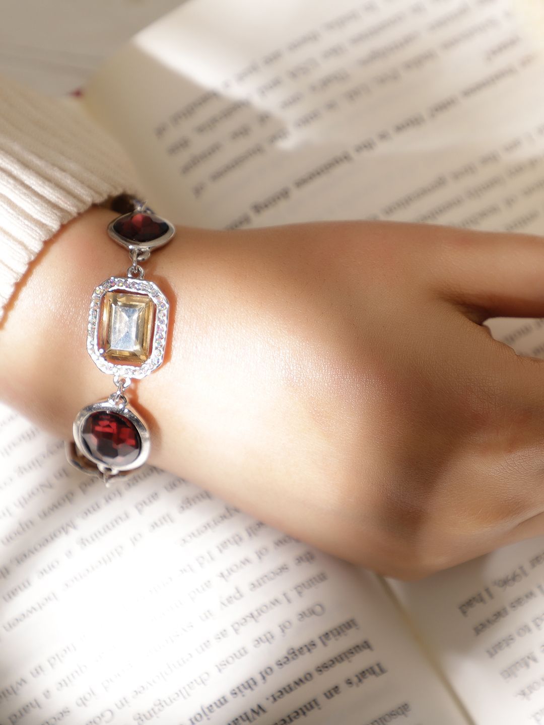 Dhiyona RJ Women's Rhodium-Plated Statement Link Bracelet with Multicolor Cubic Zirconia Gemstones