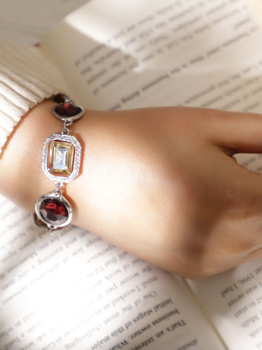 Dhiyona RJ Women's Rhodium-Plated Statement Link Bracelet with Multicolor Cubic Zirconia Gemstones