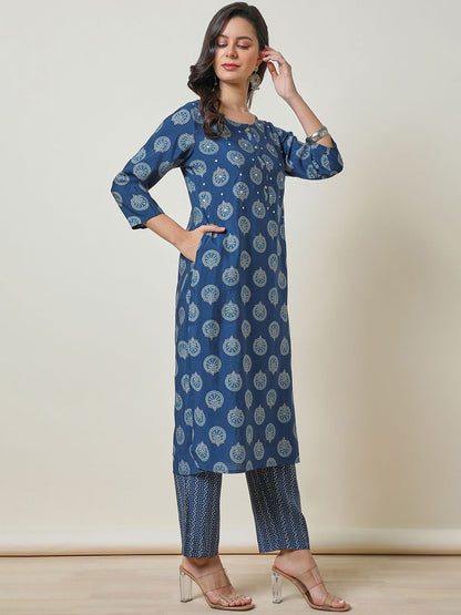 Dhiyona SO Women's Blue Ethnic Motifs Embroidered Round Neck Straight Mirror Work Kurta With Trousers