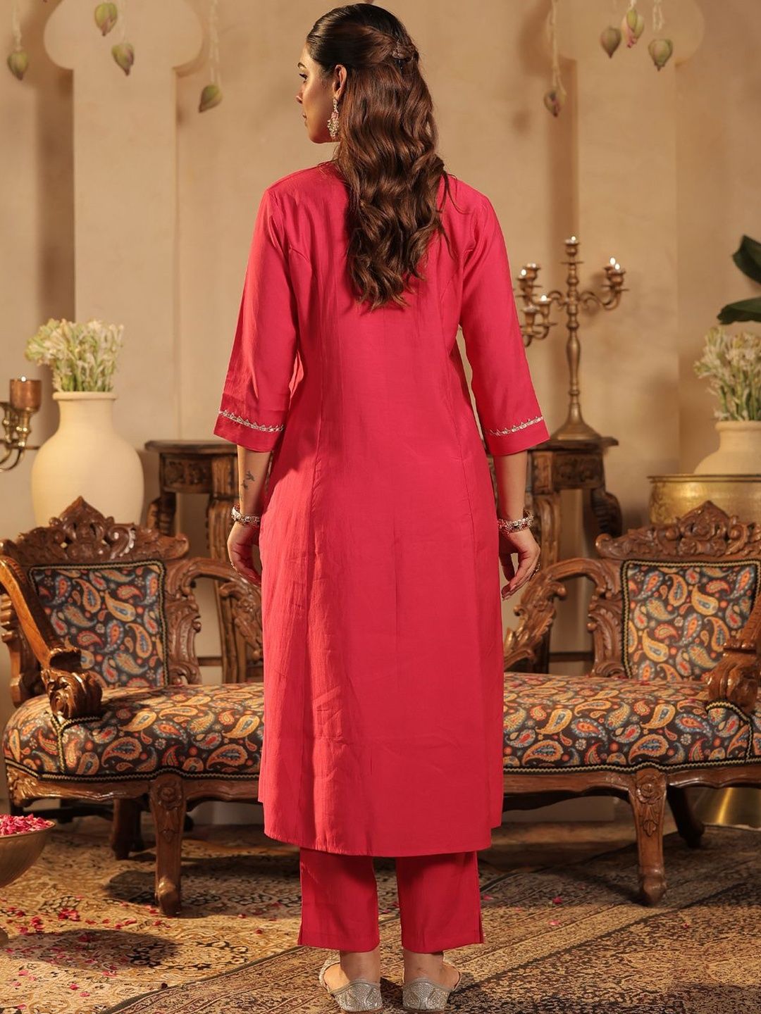 Floral Embroidered Notch Neck Panelled A-Line Kurta & Trousers With Dupatta
