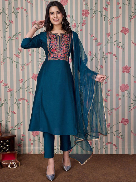 Dhiyona OD  Blue Ethnic Motifs Embroidered Zari Kurta With Trousers & Dupatta
