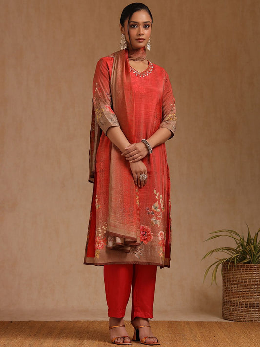 Dhiyona SO Women's Women Floral Printed Regular Zardozi Chanderi Cotton Kurta with Trousers & Dupatta