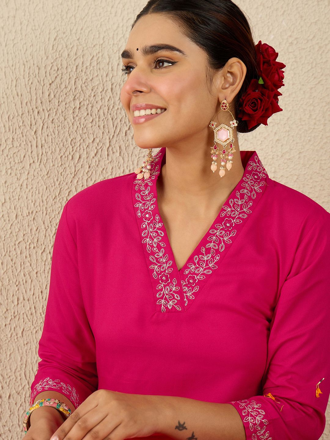 Dhiyona IE Women Ethnic Motifs Embroidered Regular Sequinned Straight Kurta with Trousers