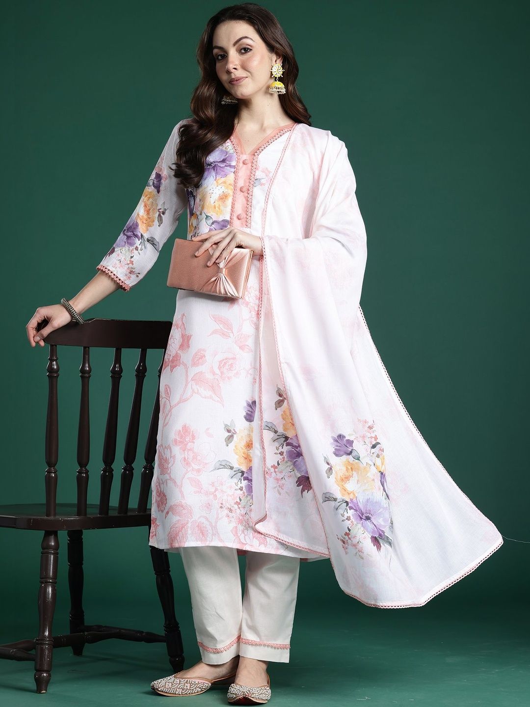 Women Floral Printed Regular Linen Kurta with Trousers & With Dupatta