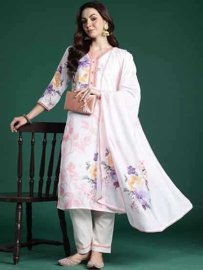 Women Floral Printed Regular Linen Kurta with Trousers & With Dupatta