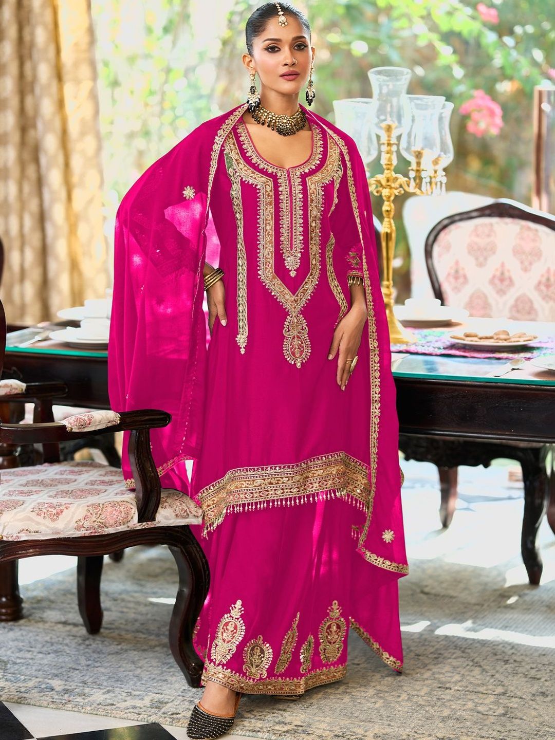 Dhiyona IE Women Ethnic Motifs Embroidered A-Line Kurta with Palazzos & Dupatta