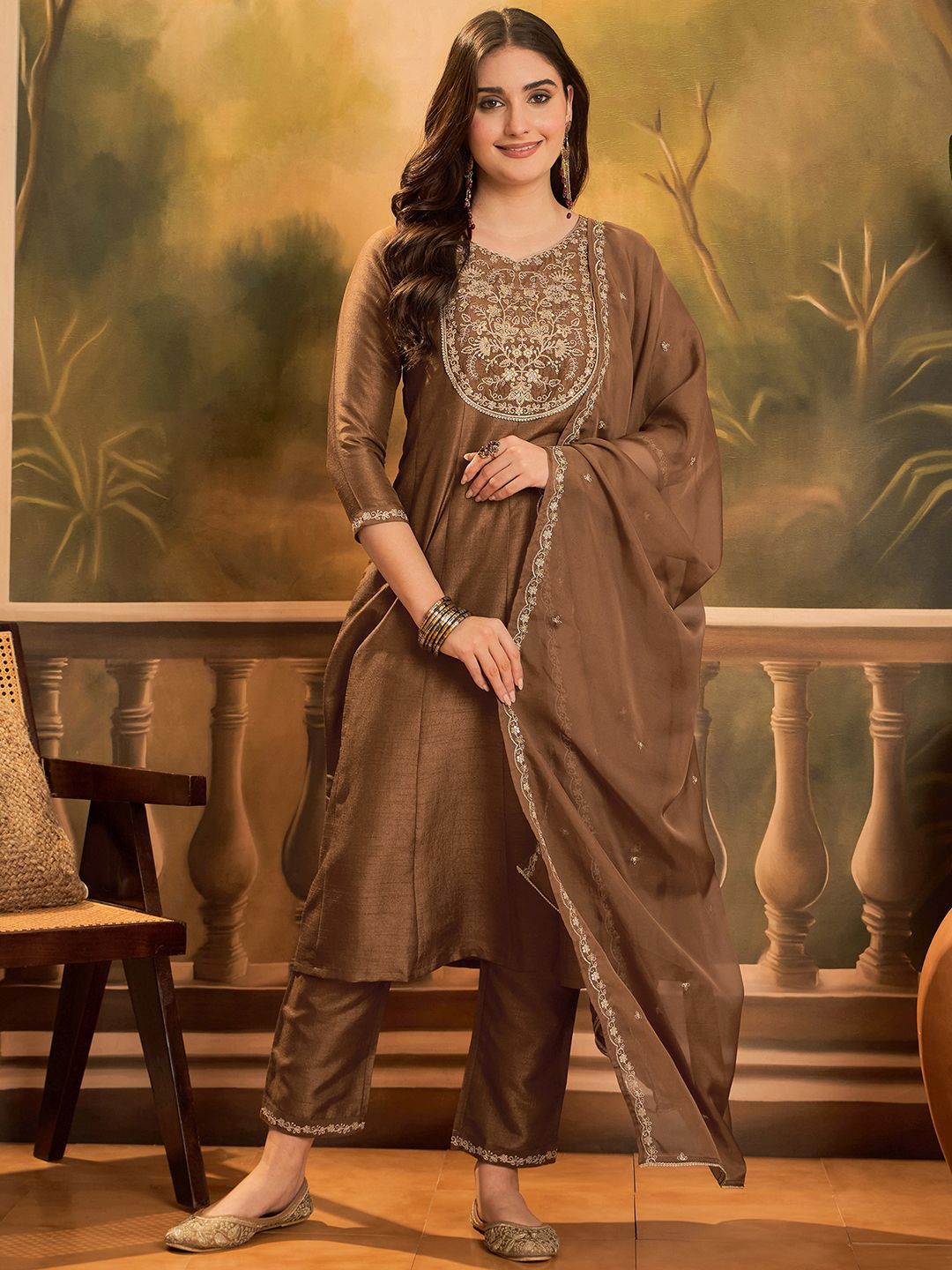 Dhiyona SN Women's Sequin Embroidered A-Line Kurta & Trousers With Dupatta