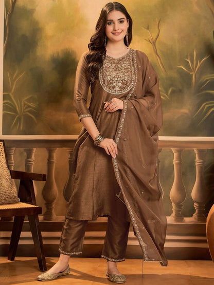 Dhiyona SN Women's Sequin Embroidered A-Line Kurta & Trousers With Dupatta
